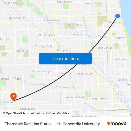 Thorndale Red Line Station (West) to Concordia University Chicago map