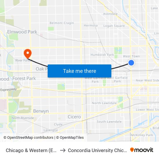 Chicago & Western (East) to Concordia University Chicago map