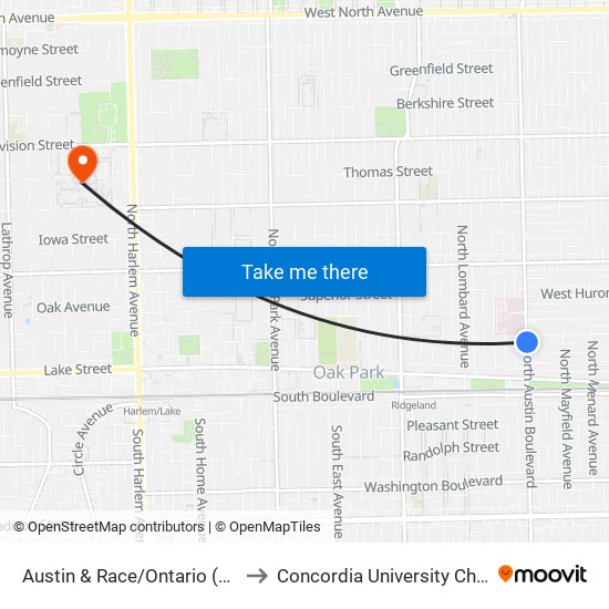 Austin & Race/Ontario (North) to Concordia University Chicago map