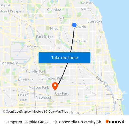 Dempster - Skokie Cta Station to Concordia University Chicago map