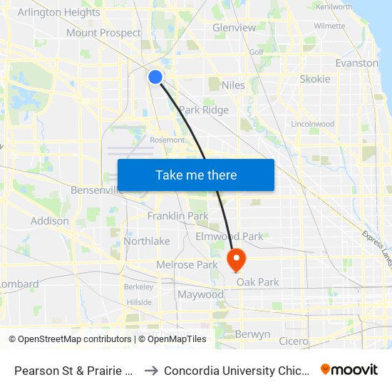 Pearson St & Prairie Ave to Concordia University Chicago map