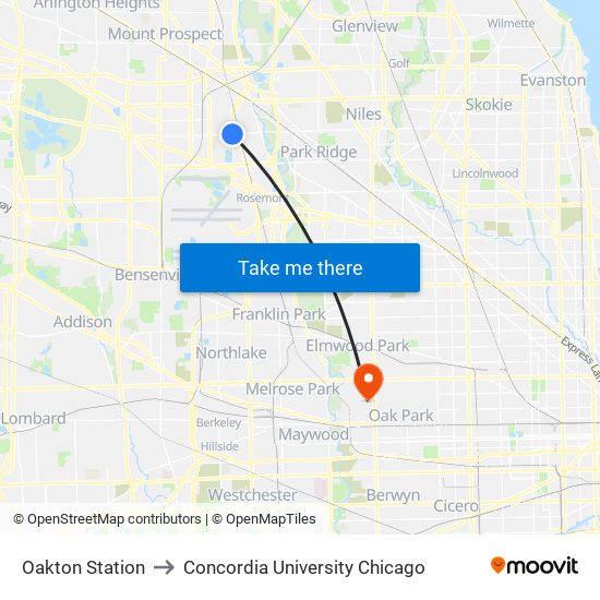 Oakton Station to Concordia University Chicago map