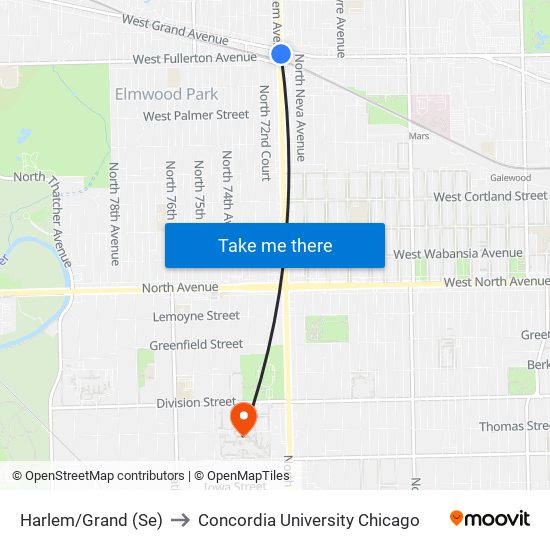 Harlem/Grand (Se) to Concordia University Chicago map