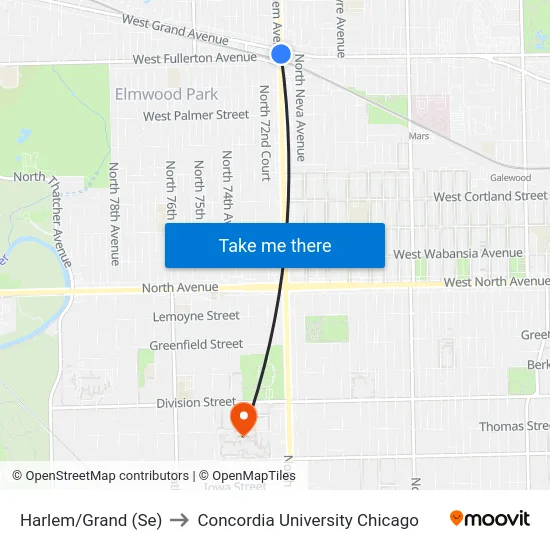 Harlem/Grand (Se) to Concordia University Chicago map