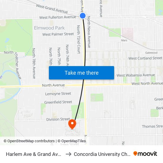 Harlem Ave & Grand Ave (Sw) to Concordia University Chicago map