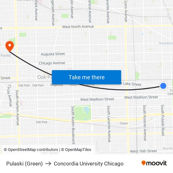 Pulaski (Green) to Concordia University Chicago map