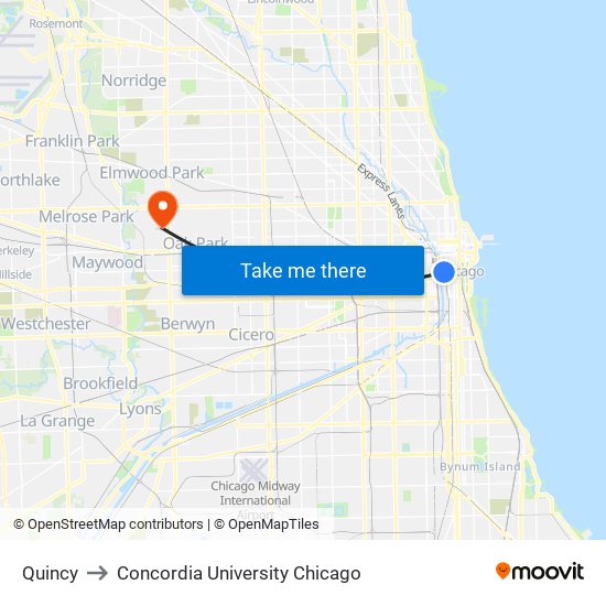 Quincy to Concordia University Chicago map