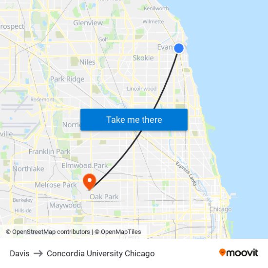 Davis to Concordia University Chicago map
