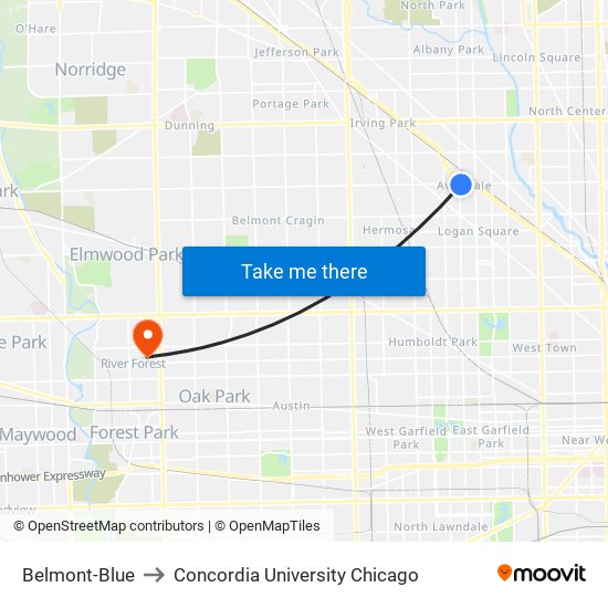 Belmont-Blue to Concordia University Chicago map