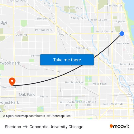 Sheridan to Concordia University Chicago map