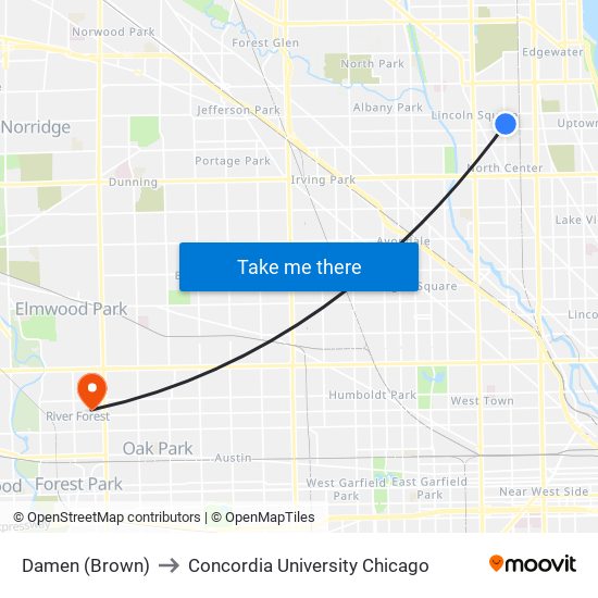 Damen (Brown) to Concordia University Chicago map