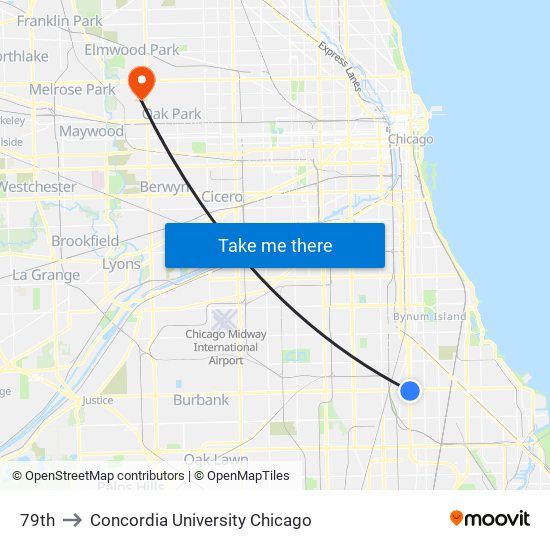 79th to Concordia University Chicago map