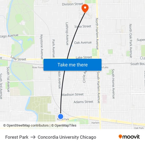 Forest Park to Concordia University Chicago map