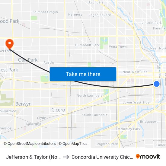 Jefferson & Taylor (North) to Concordia University Chicago map