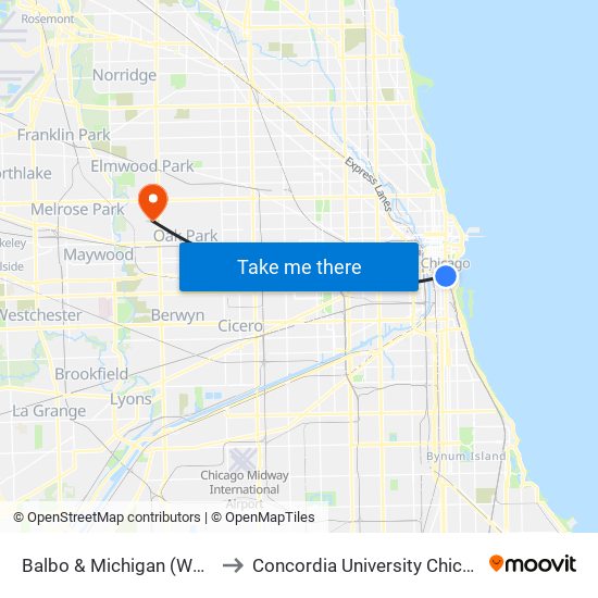 Balbo & Michigan (West) to Concordia University Chicago map