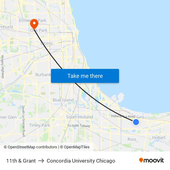 11th & Grant to Concordia University Chicago map