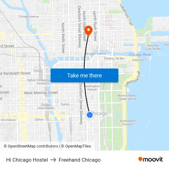 Hi Chicago Hostel to Freehand Chicago map
