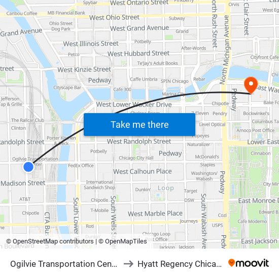 Ogilvie Transportation Center to Hyatt Regency Chicago map