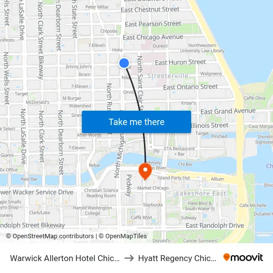 Warwick Allerton Hotel Chicago to Hyatt Regency Chicago map