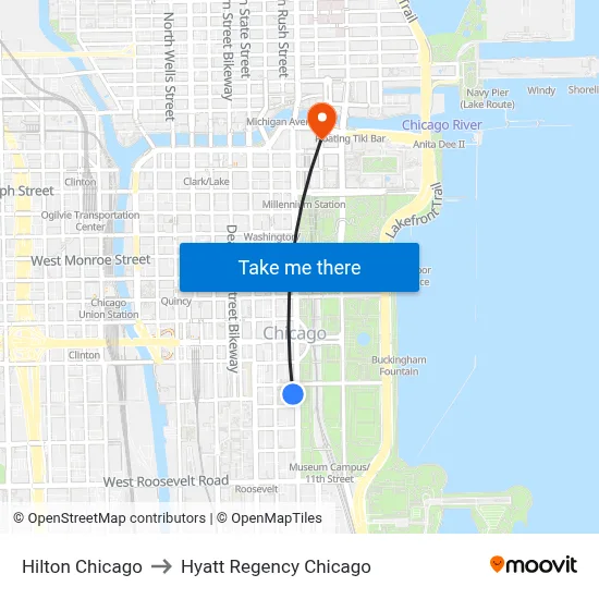 Hilton Chicago to Hyatt Regency Chicago map