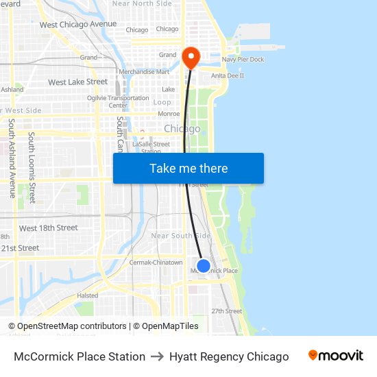 McCormick Place Station to Hyatt Regency Chicago map