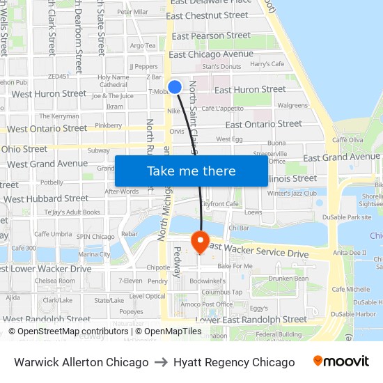 Warwick Allerton Chicago to Hyatt Regency Chicago map