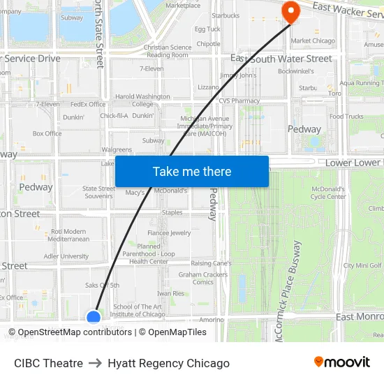 CIBC Theatre to Hyatt Regency Chicago map