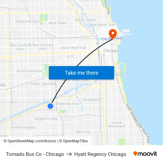 Tornado Bus Co - Chicago to Hyatt Regency Chicago map