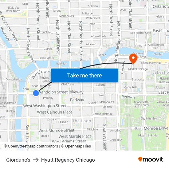 Giordano's to Hyatt Regency Chicago map