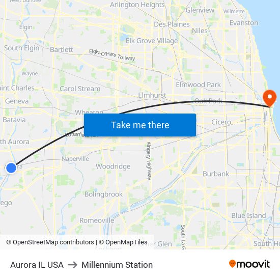 Aurora IL USA to Millennium Station map