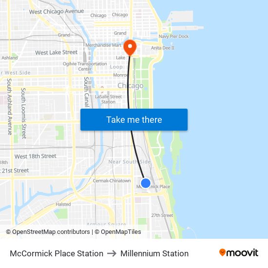 McCormick Place Station to Millennium Station map