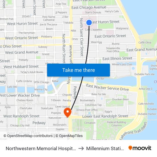 Northwestern Memorial Hospital to Millennium Station map