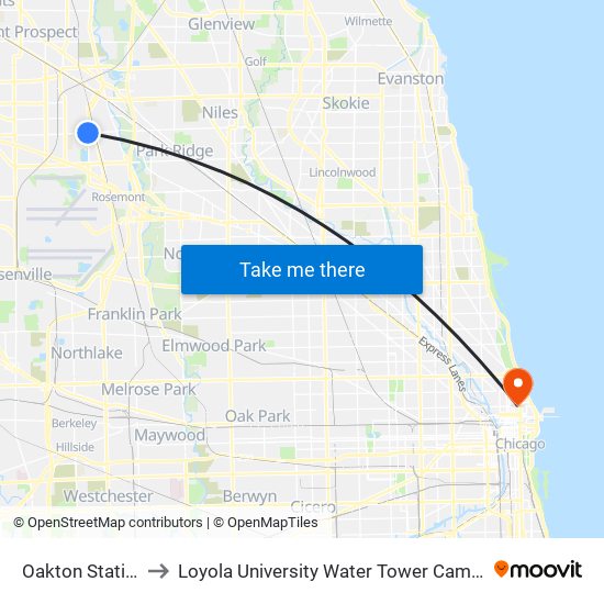 Oakton Station to Loyola University Water Tower Campus map