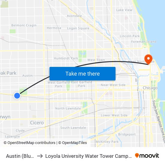 Austin (Blue) to Loyola University Water Tower Campus map