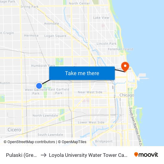 Pulaski (Green) to Loyola University Water Tower Campus map