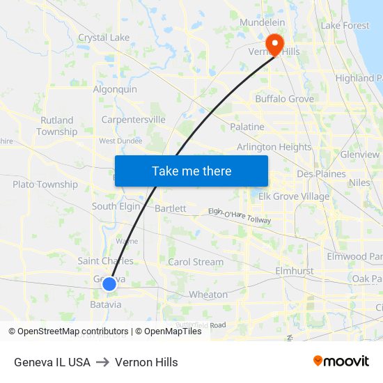 Geneva IL USA to Vernon Hills map