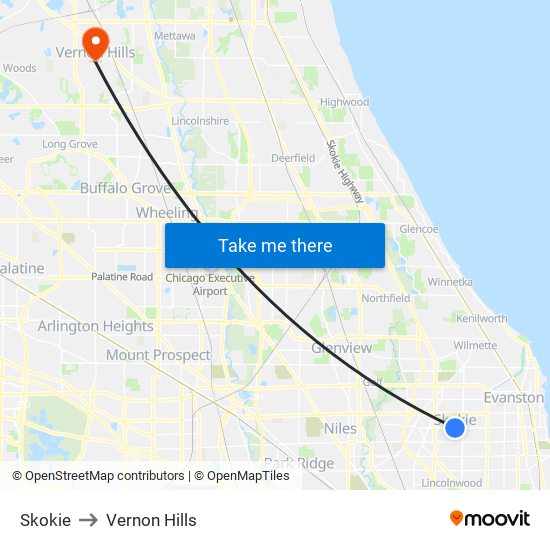 Skokie to Vernon Hills map