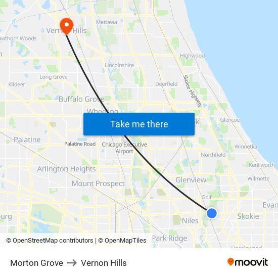 Morton Grove to Vernon Hills map