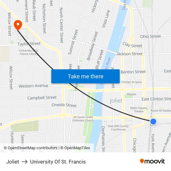 Joliet to University Of St. Francis map