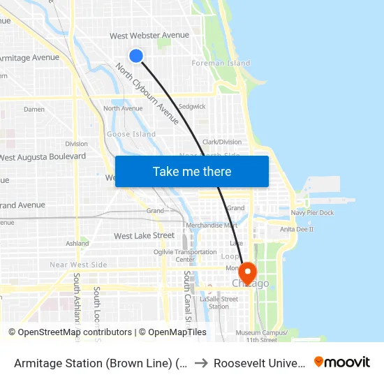 Armitage Station (Brown Line) (West) to Roosevelt University map