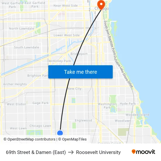 69th Street & Damen (East) to Roosevelt University map