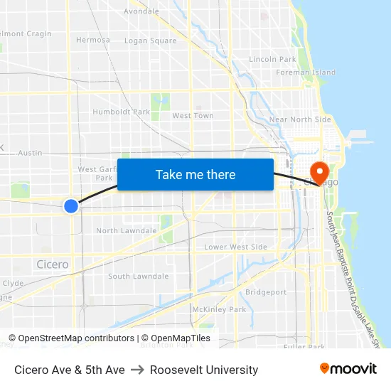 Cicero Ave & 5th Ave to Roosevelt University map