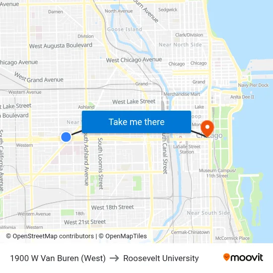 1900 W Van Buren (West) to Roosevelt University map