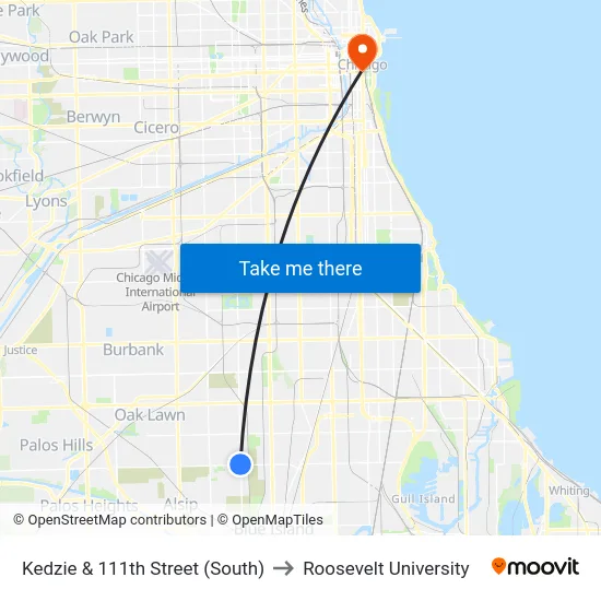 Kedzie & 111th Street (South) to Roosevelt University map