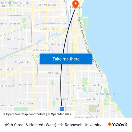 69th Street & Halsted (West) to Roosevelt University map