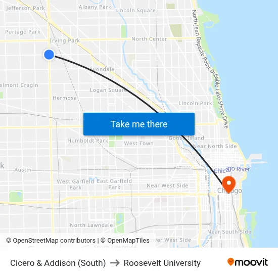 Cicero & Addison (South) to Roosevelt University map