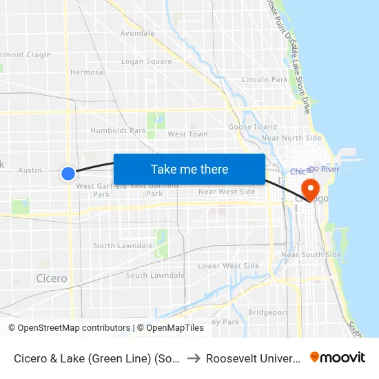 Cicero & Lake (Green Line) (South) to Roosevelt University map