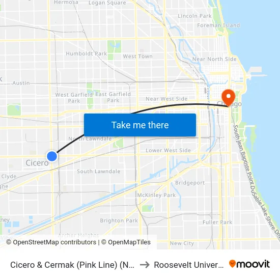 Cicero & Cermak (Pink Line) (North) to Roosevelt University map