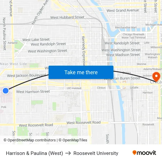 Harrison & Paulina (West) to Roosevelt University map