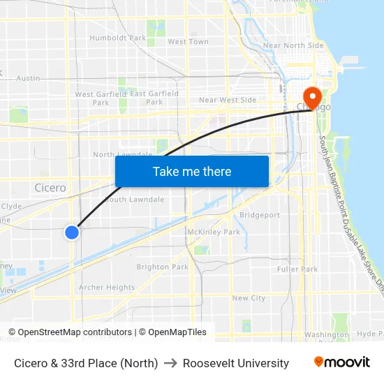 Cicero & 33rd Place (North) to Roosevelt University map